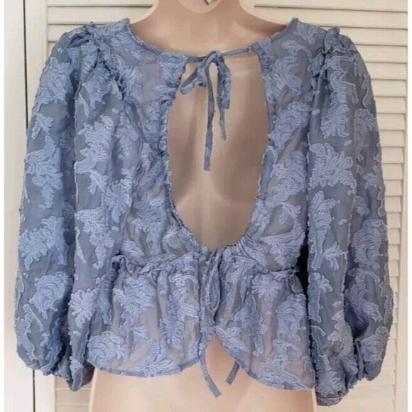 NWT FREE PEOPLE BLUE BURNOUT FLOWER PEPLUM PUFF SLEEVE TIED BACK TOP SZ XS - Picture 2 of 7